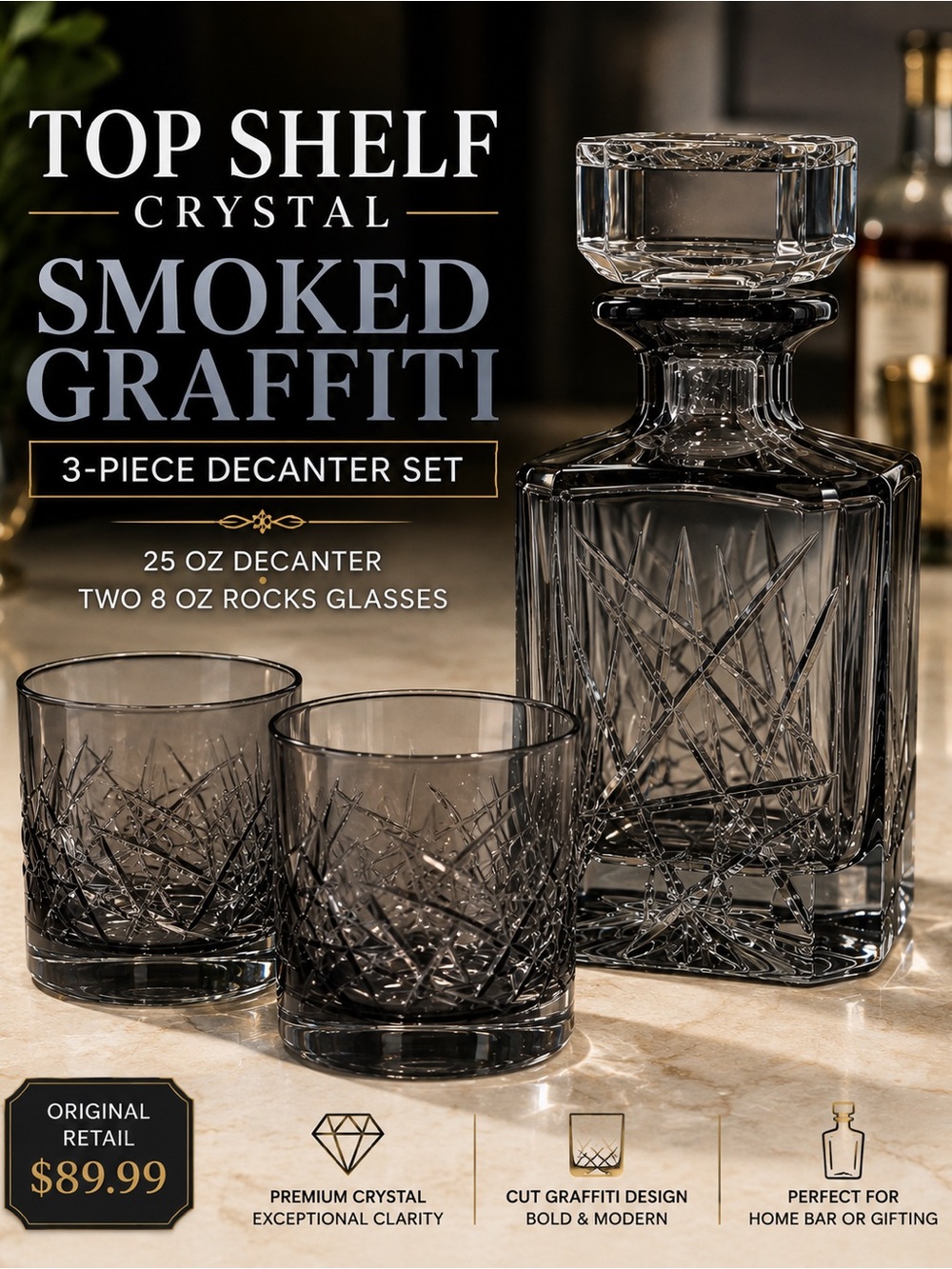 Top Shelf Crystal Smoked Gray Graffiti Whiskey Decanter and Tumbler Set
